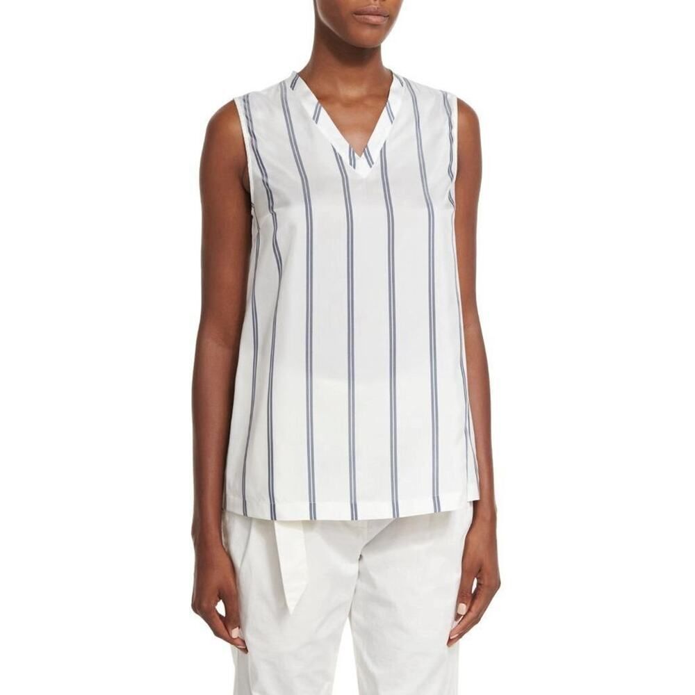Brunello Cucinelli Silk Striped Sleeveless Blouse Top White Blue M Italy V-neck